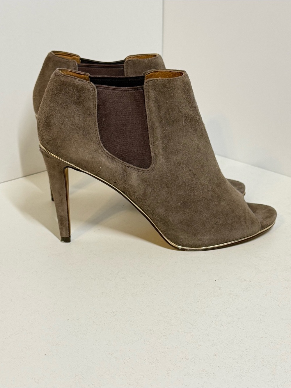 Coach Adrianna Taupe Suede Peep-Toe Stiletto Booties 9B - Picture 4 of 10